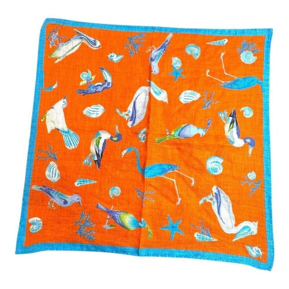 Rare Peter Millar Tropical Bird Linen Pocket Square Handkerchief Scarf Orange - Picture 1 of 7
